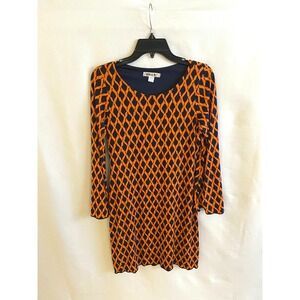 Nico LA Dress Womens S Orange Navy Blue Geometric Leaf Print Mini Long Sleeve